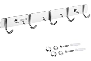 Grizef 5 Hooks 14inch SUS304 Stainless Steel Coat Hanger Clothes Rack Heavy Duty Clothes Hat Holder, Towel Coat Hook Rack Wall Mounted Rail Shelf for Coats, Hats, Scarves, Key