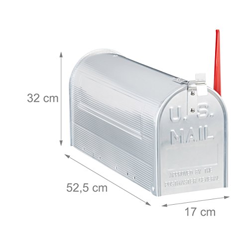 Relaxdays Amerikanischer Briefkasten, Aluminium, Original US Mailbox, Fahne, Nostalgie, HxBxT: 22 x 16,5 x 48 cm, silber - 2