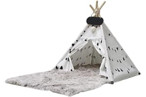 Whiwhi Pets Teepee Dogs Tent with Plush Dog Mat Washable Cats Tents Dog/Cat Bed Luxery Kennels Play House 70x70x80cm