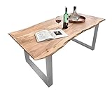 baumtisch Hochwertiger Holztisch - Die 180 x 90 cm große Tischplatte ist aus massiver Akazie gefertigt und bietet Platz für die ganze Familie. Für eine hohe Standfestigkeit sorgen die stilgerechten und silber lackierten Metallbeine.