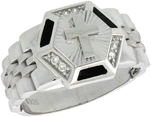 Revoni Sterling Silver Men's Watch Band Style Hexagon Ring w/ CZ Stones, 17/32 in. (14mm) wide, Size R
