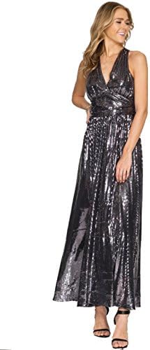Absolute Rosy Women's Low Cut Sequin Maxi Evening Dress With Crisscross Open Back Charcoal Grey Silver L