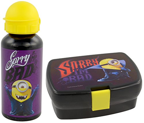 Set da viaggio Minions Vampiri con scritta in inglese, composto da portavivande e borraccia in alluminio da 380 ml