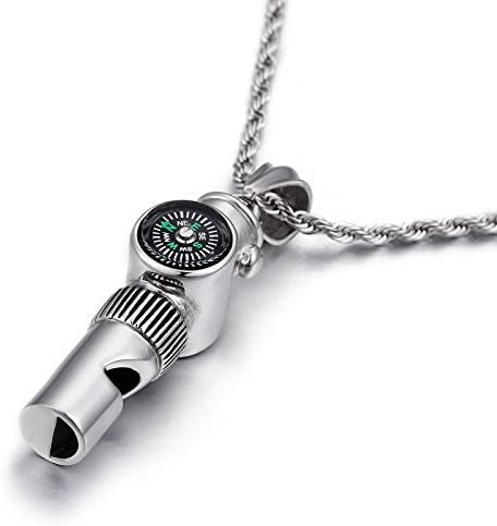 Heyrock Compass Whistle Pendant Necklace Stainless Steel Travel Jewellery, 60CM free Chain