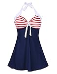 Rocorose Rétro Stripe Marine Style, Haut de Maillot de Bain Une Pièce Femme