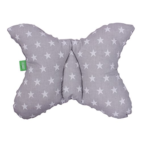 Preisvergleich Produktbild LULANDO Babykissen für einen gesunden Schlaf 40x30 cm, atmungsaktives Kissen für Kinder, ergonomisches Babykopfkissen, Kuschelkissen Made in EU, Kinderwagen-Kissen mit Tasche Grey - White Stars / Grey