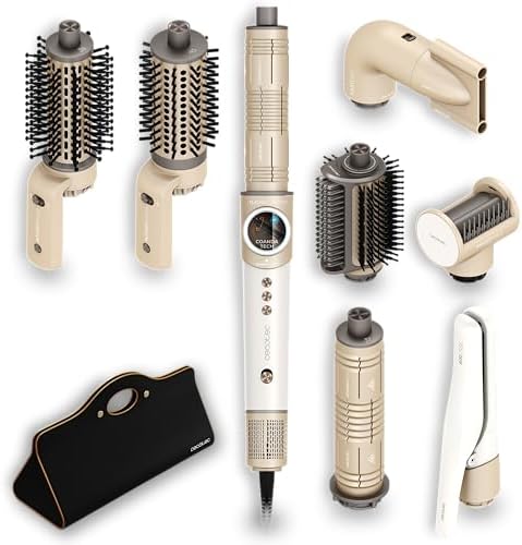 Cecotec Spazzola ad Aria Multistyler AirGlisse 8in1 Champagne. 1400W, 110000rpm, Piastre Riscaldanti, Rotazione, Funzione Plasma, Coanda 37 mm, 8 Accessori, Tecnologia PTC, Anti Crespo