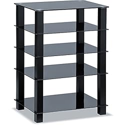 Homeology Trinity Meuble TV en Verre avec 5 étagères et Pieds argentés Noir Brillant Pieds Noirs.