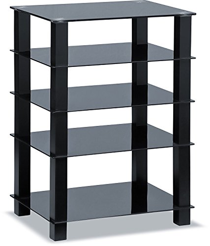 Homeology Trinity Meuble TV en Verre avec 5 étagères et Pieds argentés Noir Brillant Pieds Noirs.