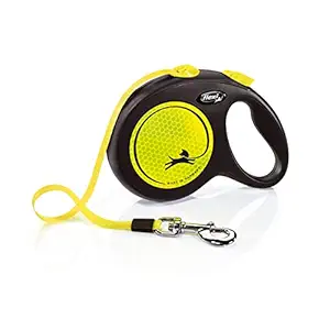 Flexi New Neon Automatic Dog Leash Pause and Lock, Retractable Comfortable One Hand Brake System Durable Non-Slip Handle Dog Walking and Training Leash Nylon Tape, Yellow 5m/16 ft Large | Leash For Large Size Dogs, Max Capacity - 50 kgs