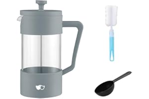 WATSON AND MONDAY W&M Cafetera - Cafetera Francesa - Prensa Francesa - French Press - Cafetera Manual - Cafetera Acero Inoxidable - Vidrio de Borosilicato - Triple Filtro - Cuchara Medidora + Limpiador - Gris - 350ml