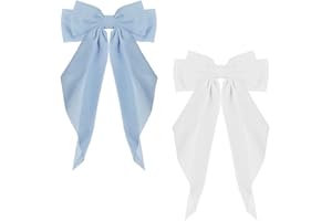 ZEVONDA 2 Pieces Big Bow Barrettes - Chiffon Hair Bow Clips French Bowknot with Long Tail Solid Color Bowknot Metal Hairpin Women Girl (Blue+White)