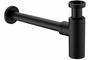VALAZ Sifón de desagüe visto Negro mate redondo para lavabo universal de latón y acero inoxidable 1/4 con apertura de limpieza