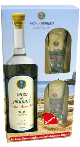 Ouzo Plomari 0,7l + 2x Ouzo-Glas im Geschenkkarton