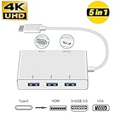 Puerto USB C 5 en 1 - Puerto USB - C a salida de video HDMI, 3 puertos USB 3.0 y puerto VGA. Complemento ideal y eficiente para computadoras portátiles con salida USB-C única como MacBook Pro 2017. Conecte el monitor, proyector, teclado, mouse o unidad de disco USB a su MacBook / MacBook Pro Chromebook u otros dispositivos de tipo C.