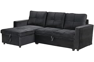 IBERA HOME Sofá Cama Chaise Longue PAU, 215x135cm - Diseño Moderno, Almacenamiento - Color Negro Terciopelo