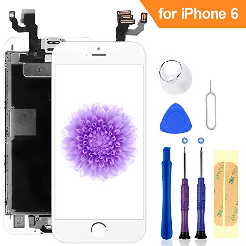 FLYLINKTECH Pantalla para iPhone 6 4.7 '',Táctil LCD de Repuesto Ensamblaje de Marco Digitalizador con botón de Inicio,cámara Frontal,Sensor de proximidad,Altavoz y Herramientas (Blanco)