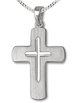CLEVER SCHMUCK-SET Silberner Anhänger Kreuz 24 mm Balken breit seidenmatt und innen diamantiert mit Kette Panzer...