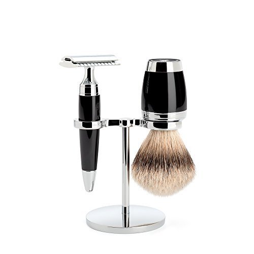 Muhle Stylo 3 Piece Double Edged Safety Razor Shaving Set with Silvertip Badger Hair Brush - No Blades Included