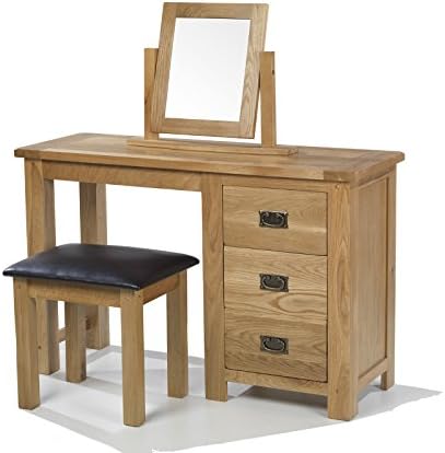 Aylesbury Solid Wood Rustic Oak Dressing Table Unit With Stool And Mirror, Natural Oak, H 77 x W 120 x D 43 cm