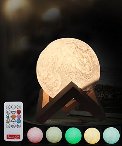 Full Moon Lamp with Remote Control, Aappy LED Lunar Night Light Touch Control Table Lamp Dimmable Brightness with USB Charging Moonlight Gift with Wooden Holder, 7 Color (15cm Remote Control)