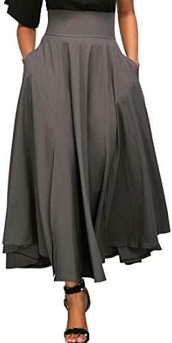 Aozen Women’s High Waist Long Skirt Front Slit Pleated Midi Skirt with Pockets E73-65053-Grey-XL