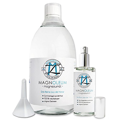 Magnesiumöl original Zechstein MAGNOLEUM Set 100 ml Spray + 1000 ml Glas-Flasche zum Nachfüllen mit Trichter - dermatologisch klinisch getestet – Magnesium-Öl-Spray – Magnesium Oil – Zechsteinmeer Magnesiumchlorid