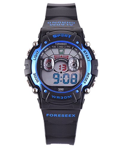 FSX-521B Kids Jungs Blau Sport digitale wasserdicht LED Augen Armbanduhr mit Hintergrundbeleuchtung, Alarm, Stoppuhr, Chronograph, Glockenspiel, Kalender, Datum und Tag, 12/24 Stunden Anzeige