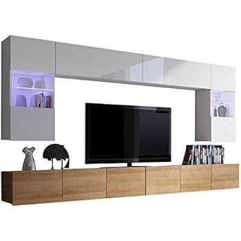 Moderne Wohnwand Calabrini I, Anbauwand, Mediawand, Hängevitrine, TV