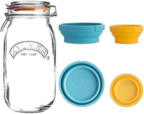 Kilner Clip Top Jar Round 3 Litre With 2 Measuring Cups Blue - Round Kilner Clip Top Jars Ideal For not only Food Preserving but Storing Dry Ingredients Including Rice.