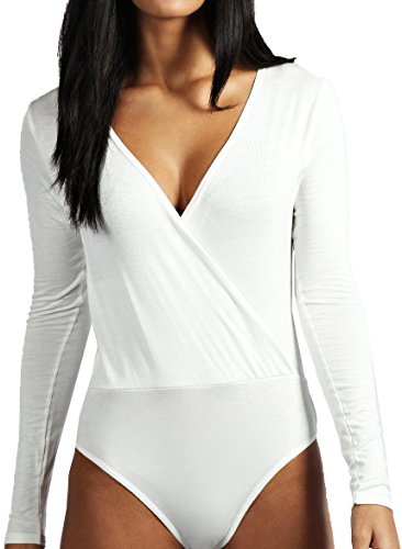 Re Tech UK Body à Manches Longues - pour Femme - décolleté en V/Effet Cache-cur - Boutons-Pression - uni - Blanc - S/M EU 36-38