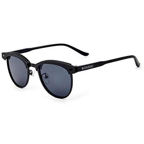 RONSOU Lunettes de Soleil Polarisées Rétro 100% UV400 Protection Lunettes de Soleil pour Hommes et Femmes cadre noir/lentille grise