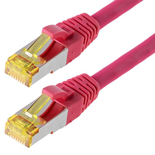 helos 118140  Patchkabel S/FTP (PIMF) CAT 6a magenta 30m CAT.6 Ethernet LAN Patchkabel Gigabit Netzwerkkabel Patch Kabel folien und geflechtgeschirmt halogenfrei PIMF 2 x RJ45 Stecker ideal für Switch , Internet, Spielkonsole, DSL Verbindungen , Patchfelder , Patchpanel , Router , Modem , Access Point und andere Geräte mit RJ45 Anschluß , CAT Kabel KAT Kabel CAT6 CAT 6 , geschirmtes Patchkabel