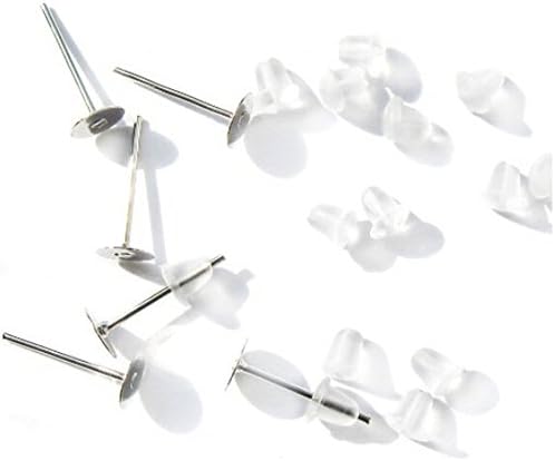 Cooplay 100 Stainless Steel 5mm Flat Pad (With 12mm Post) Earring Finding Plus 100 Rubber Earnut Stoppers Package of 50 Sets (3mm)