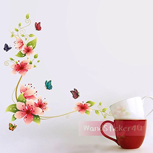 Wandsticker4U- Wandtattoo "Blumenranke Romantik" mit Schmetterlingen | Effektbild: 62x64cm | Wandaufkleber Blumen Fenstersticker Sticker Deko für Badezimmer, Bad, Wohnzimmer, Küche, Fliesen, Schrank