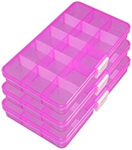 ESYN Adjustable 15 Compartment Plastic Storage Box Jewellery Earring Beads Organizer Pack of 3 (Pink)
