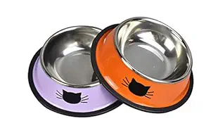 Yasma 2Pcs Cat Bowls Stainless Steel Pet Cat Bowl Kitten Rabbit Cat Dish Bowl with Cute Cats Painted cat Food Dish Easy to Clean Durable Cat Dish for Food and Water (Orange+Purple)