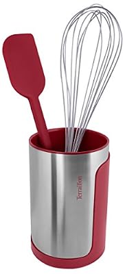 Terraillon Premium Pot à Ustensiles 2 en 1, Spatule et Fouet Inclus, Repose-Ustensiles Amovible, Usage Professionnel et Domestique, Inox/Silicone, Rouge