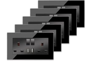 5 Pack CNBINGO Glass Double Switched Socket with 2 USB-A Charging Ports, Black Tempered Glass Panel Wall Outlet, 2 Gang 13 Amp Electric Power Socket