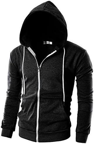 Ohoo Men's Slim Fit Long Sleeve Lightweight Zip-up Hoodie with Kanga Pocket /DCF002-CHARCOAL-2XL