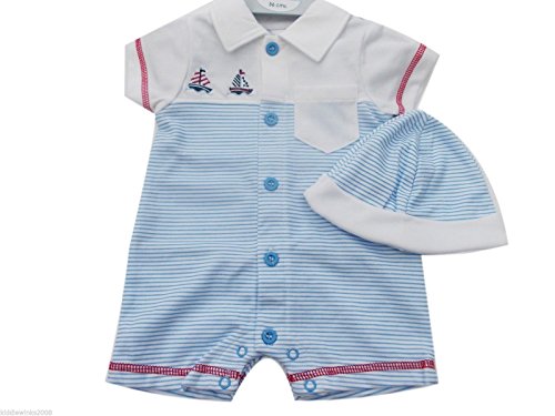 BNWT Baby boys blue stripey nautical sailor all in one romper & hat clothes (0-3 months)