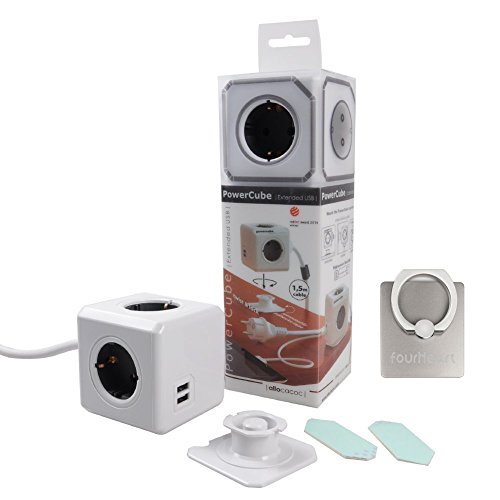 Allocacoc PowerCube 2 x USB Port 5V/2.1A mit 4 Verteiler 3M Verlängerungskabel Power Strip Steckdose 230V Schuko, Grau