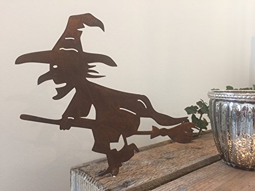 Gartendeko Hexe mit Besen Dorn Halloween Metall Rost Deko