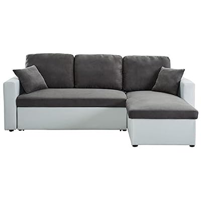 Générique ASPEN Canape d'angle reversible convertible 4 places - Simili et tissu - Blanc et gris - Classique - L 223 x P 150 cm