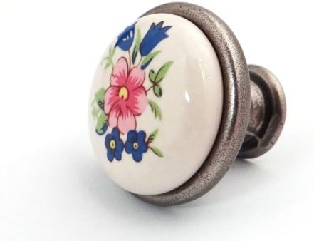Kari Furniture Knob Porcelain White with Floral Design and Metal Base in Antique Brass Finish