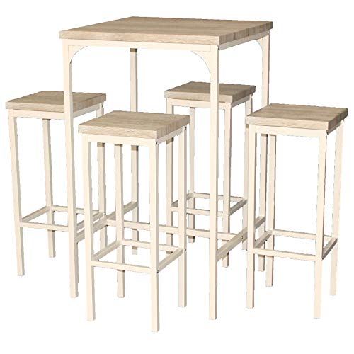 YELLOO Mod. RIMINI Table de Bar + 4 tabourets Beige, Table 110 cm de Haut