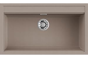 EVHOC Lavello Sopratop DESIDERATA L, 1 Vasca, Lavandino in Kuarzite Vasca Unica per Cucina, Fascia Miscelatore Preforata, Made in Italy, Tortora, 86x51 cm