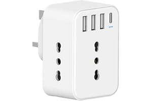 HANYEAL Adattatore Presa Inglese,Adattatore Presa Inglese a Spina Italiana, Adattatore UK per Gran Bretagna, Qatar, Irlanda, Gambia, Adattatore Prese Inglesi 3120W,con 3 Presa Schuko & 4 Porte USB