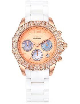 Time100 Damenuhr Elegant Keramik Uhr Choronophuhr Armbanduhr mit Strass Weiß+Rosegold W50056L.02A