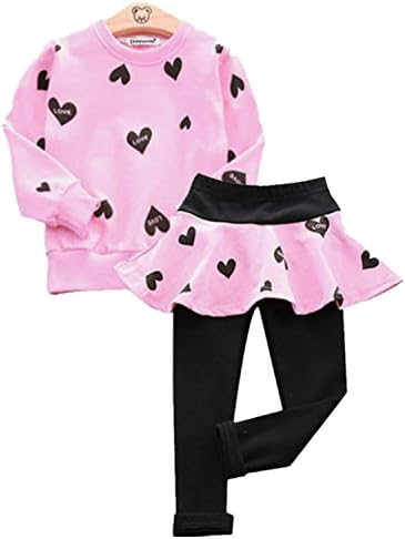 KKia Girls Outfits Set Heart Printed Bowknot Long Sleeve Shirt Ruffled Tops Pants Suit Pink Red Navy Blue (4-5 Years, Pink-Heart)